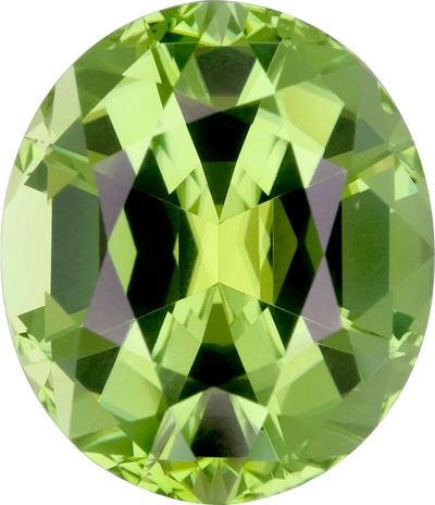 Oval cut green tourmaline, 14.11 by 12.17 mm, shown at actual size