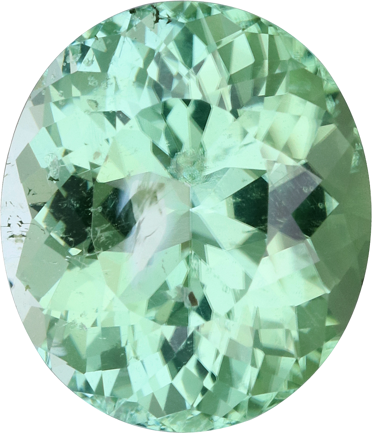 Oval cut green tourmaline, 11.57 by 10 mm, shown at actual size