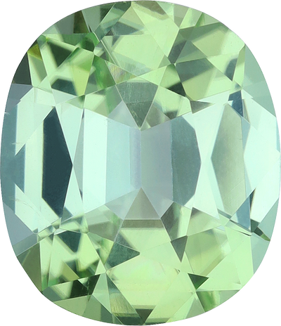 Oval cut green tourmaline, 14.01 by 12.07 mm, shown at actual size