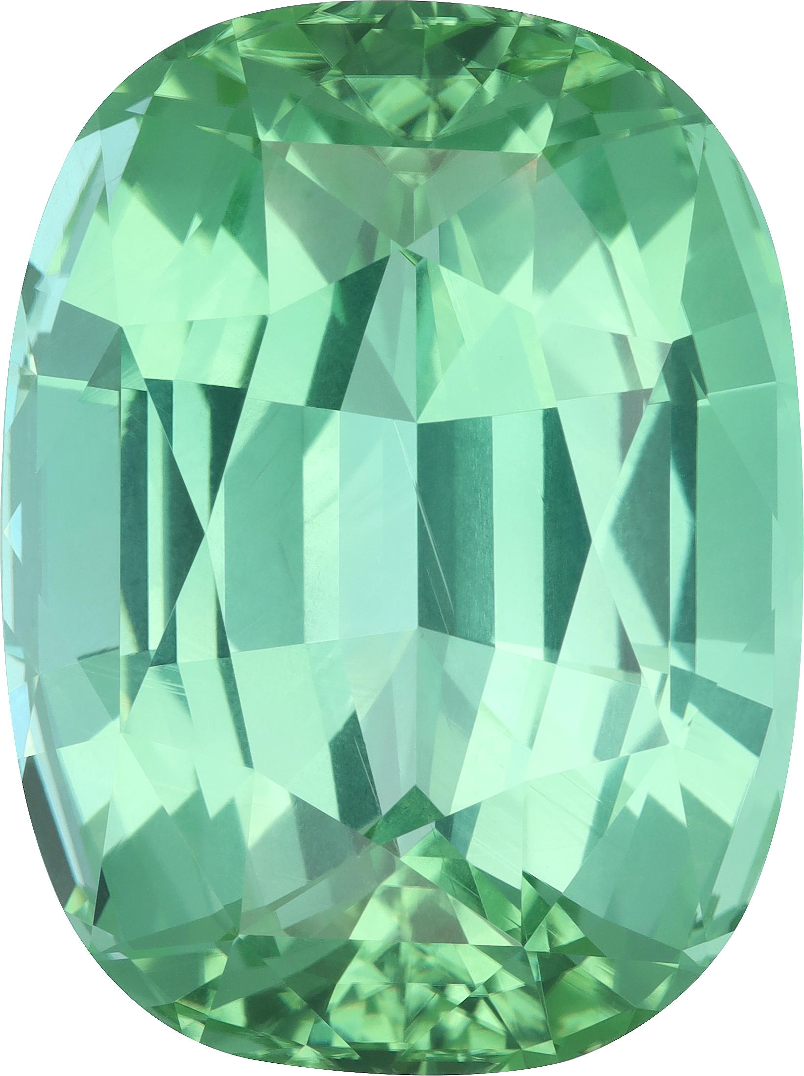 Cushion cut green tourmaline, 34.6 by 25.75 mm, shown at actual size