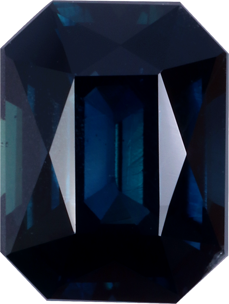Rectangular cut teal sapphire, 7.57 by 5.8 mm, shown at actual size
