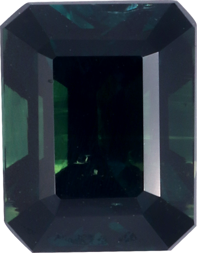 Rectangular cut teal sapphire, 6.76 by 5.28 mm, shown at actual size