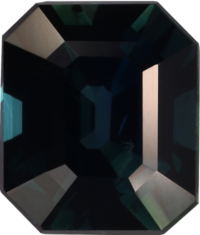 Rectangular cut teal sapphire, 6.74 by 5.77 mm, shown at actual size