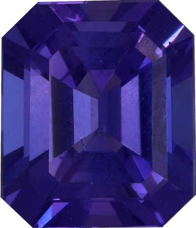 Rectangular cut tanzanite, 9.39 by 8.06 mm, shown at actual size