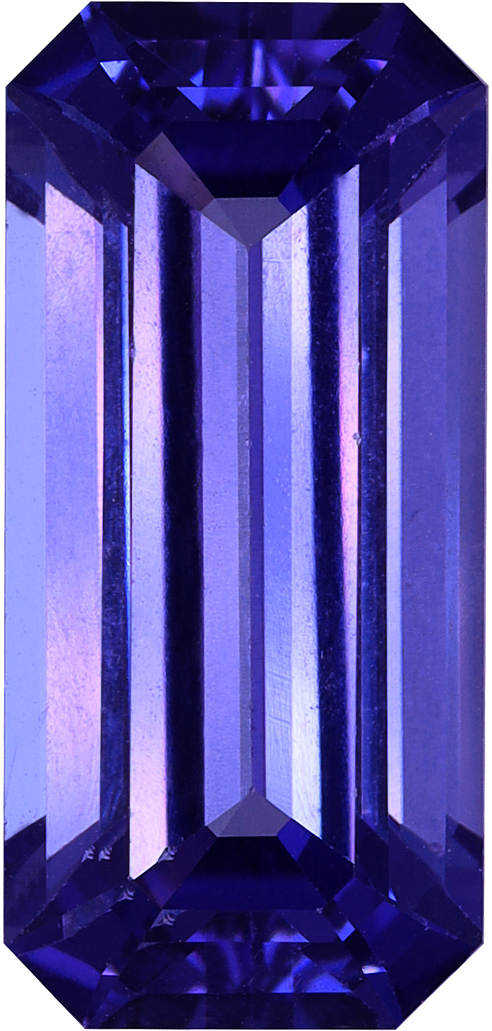Rectangular cut tanzanite, 13.21 by 6.24 mm, shown at actual size