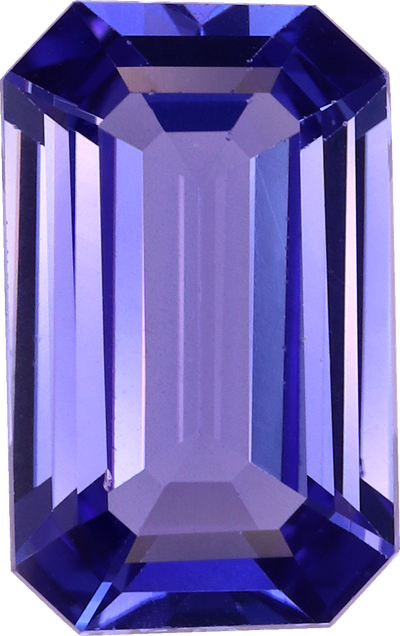 Rectangular cut tanzanite, 10.55 by 6.5 mm, shown at actual size