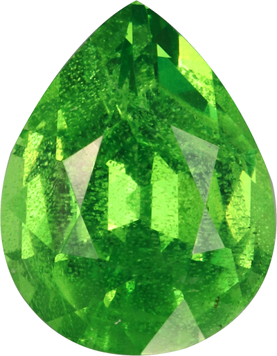 Pear cut tsavorite garnet, 9.72 by 7.6 mm, shown at actual size