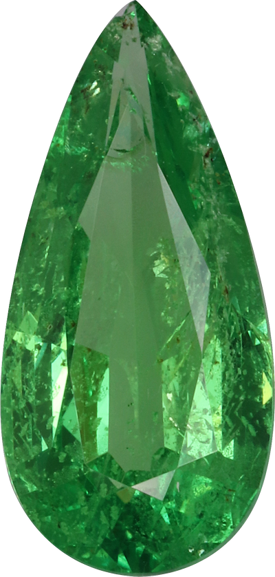 Pear cut tsavorite garnet, 14.68 by 7 mm, shown at actual size