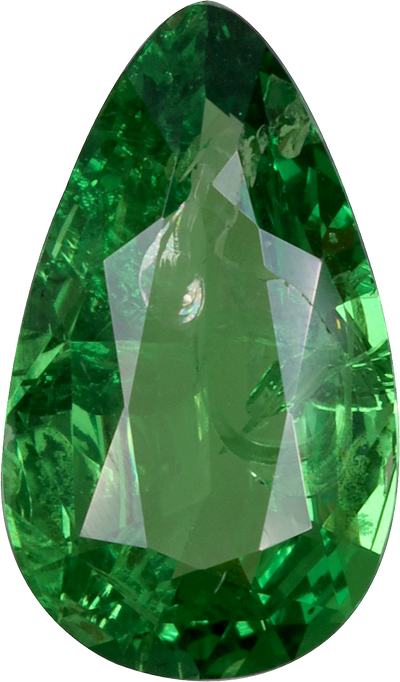 Pear cut tsavorite garnet, 13.26 by 7.73 mm, shown at actual size