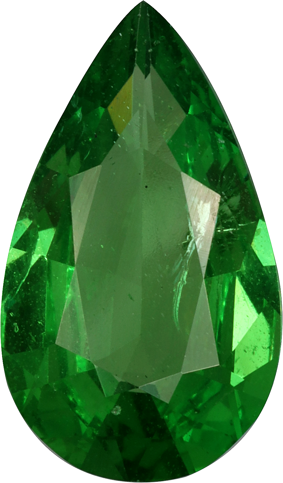 Pear cut tsavorite garnet, 11.86 by 6.96 mm, shown at actual size