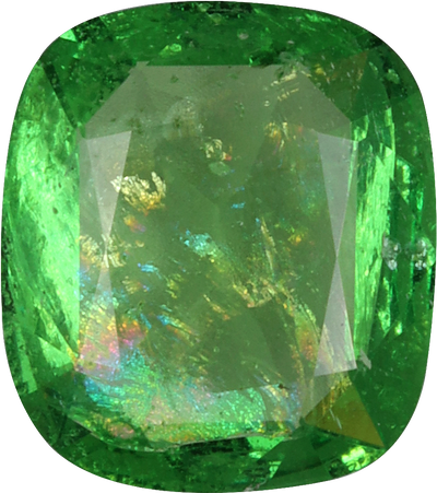 Cushion cut tsavorite garnet, 9.22 by 8.14 mm, shown at actual size