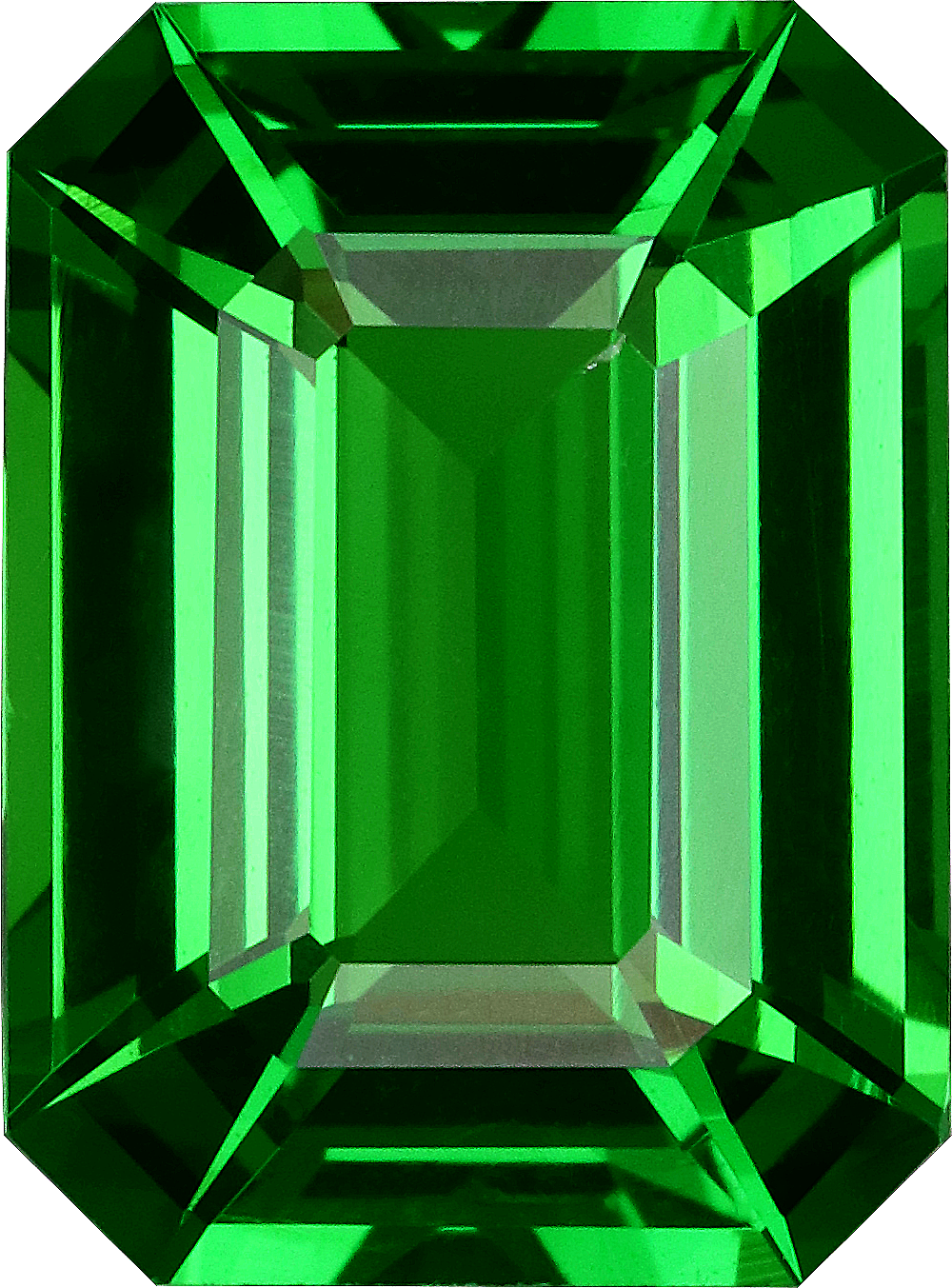 Rectangular cut tsavorite garnet, 9.53 by 7.02 mm, shown at actual size