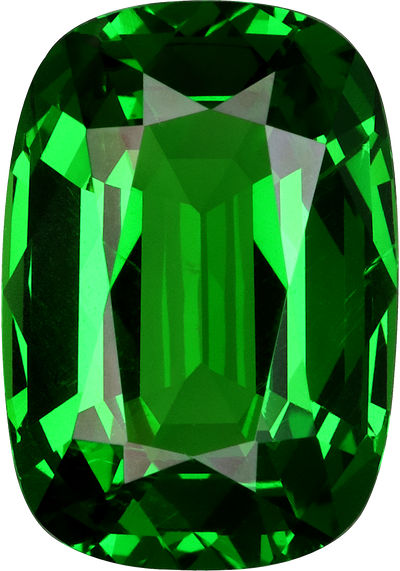 Cushion cut tsavorite garnet, 10.58 by 7.37 mm, shown at actual size