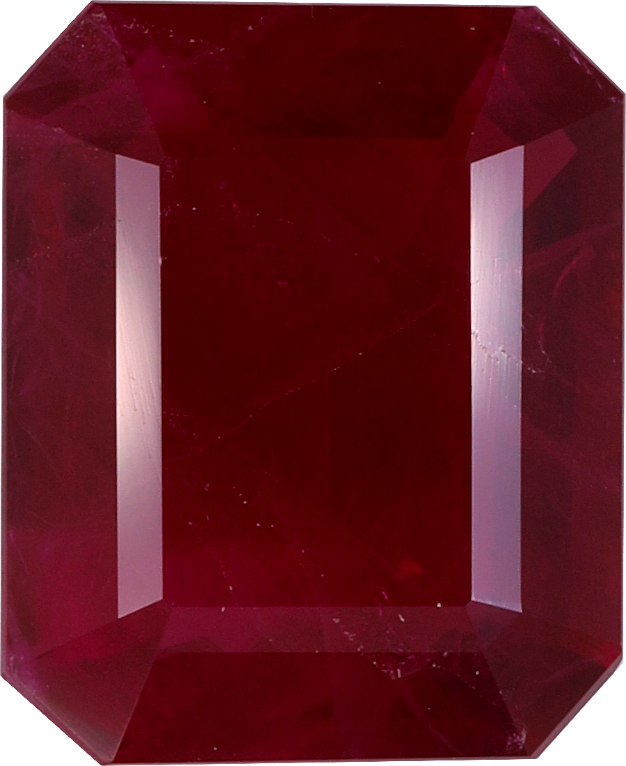 Rectangular cut burma ruby, 10.67 by 8.68 mm, shown at actual size