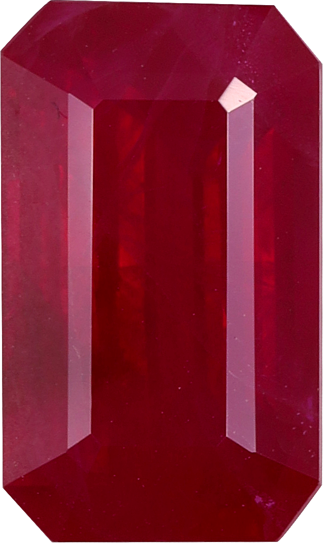 Rectangular cut burma ruby, 10.12 by 6.02 mm, shown at actual size