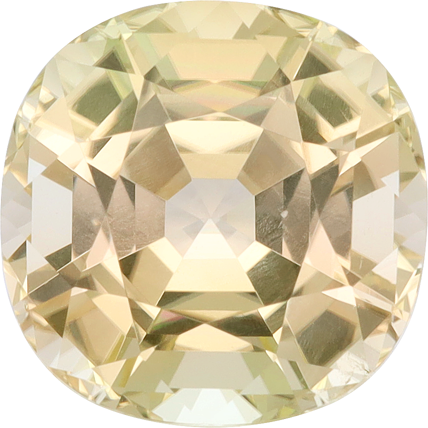 Cushion cut yellow tourmaline, 11.97 by 11.9 mm, shown at actual size