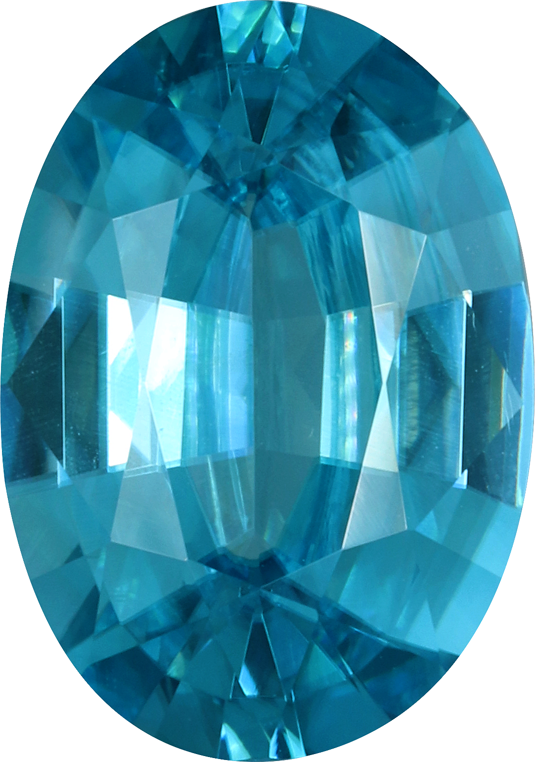 Oval cut blue zircon, 12.86 by 9.05 mm, shown at actual size