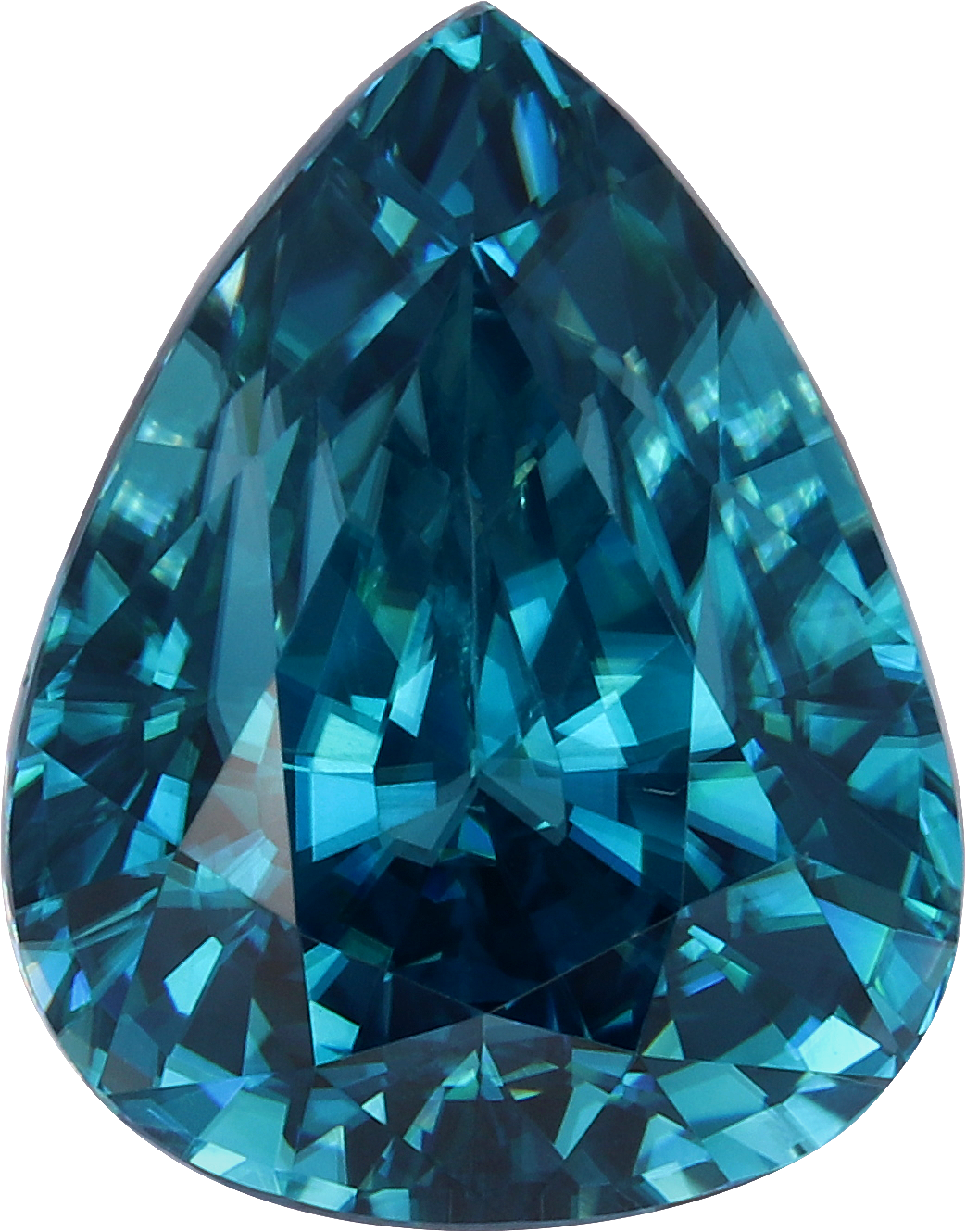 Pear cut blue zircon, 14.31 by 11.24 mm, shown at actual size