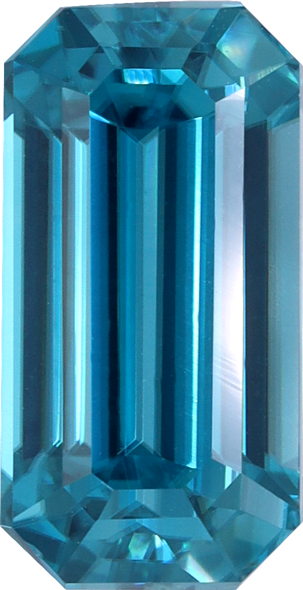 Rectangular cut blue zircon, 10.51 by 5.45 mm, shown at actual size