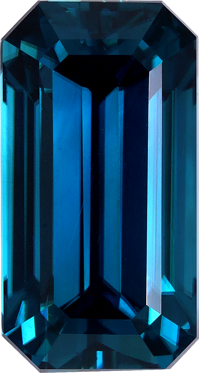 Rectangular cut blue zircon, 13.69 by 7.35 mm, shown at actual size