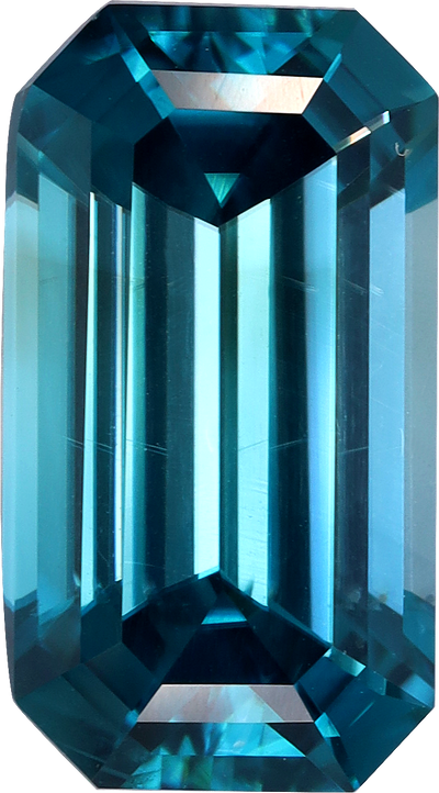 Rectangular cut blue zircon, 12.02 by 6.67 mm, shown at actual size