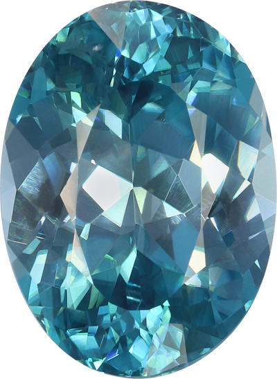Oval cut blue zircon, 12.24 by 8.97 mm, shown at actual size