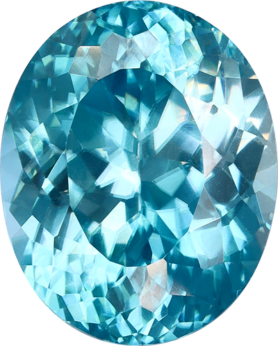 Oval cut blue zircon, 10.11 by 8.12 mm, shown at actual size