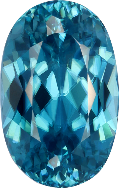Oval cut blue zircon, 12.59 by 8.03 mm, shown at actual size
