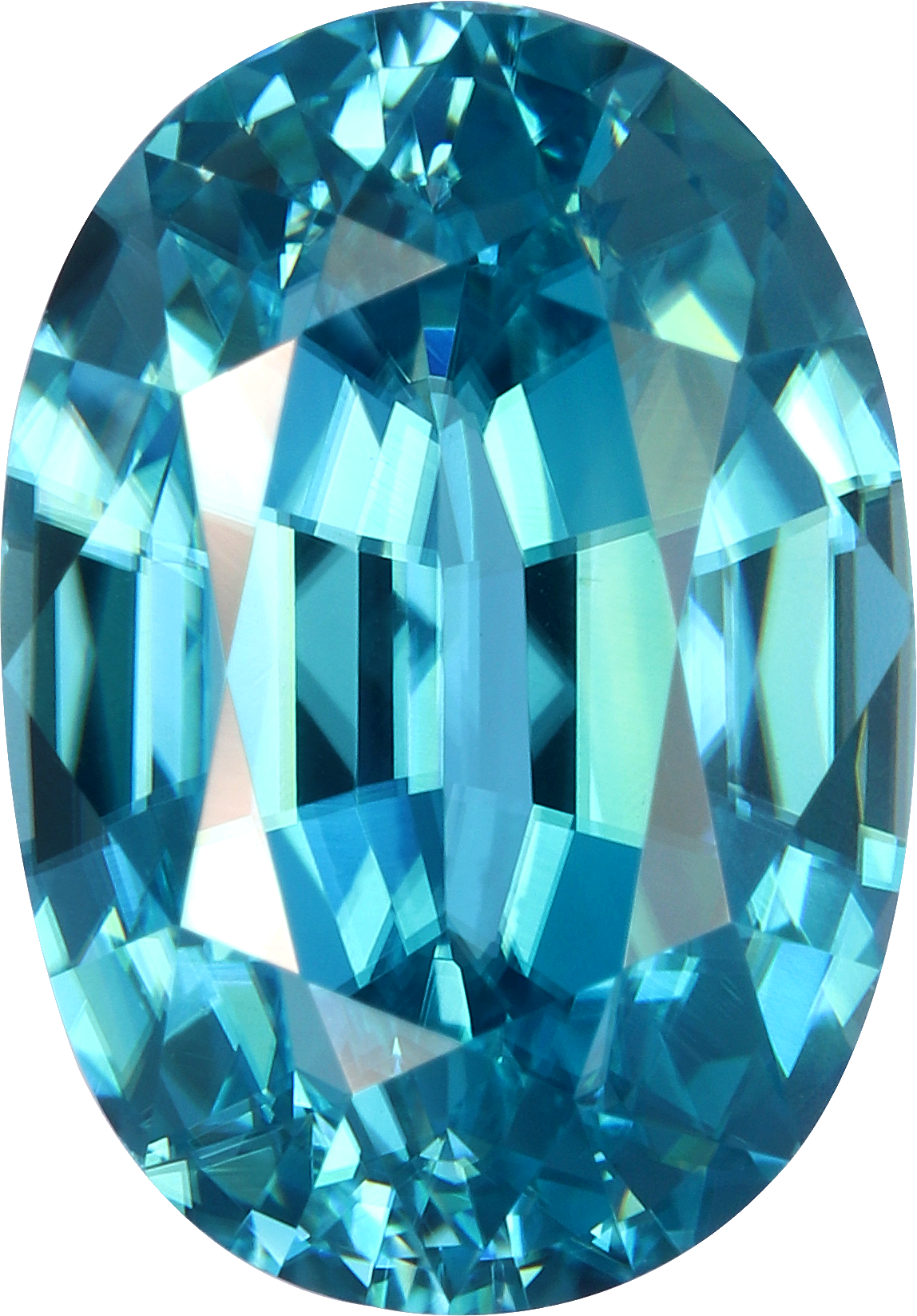 Oval cut blue zircon, 10.71 by 7.52 mm, shown at actual size