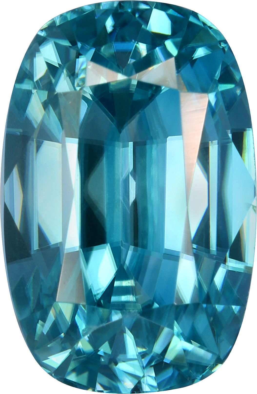 Cushion cut blue zircon, 10.02 by 6.58 mm, shown at actual size