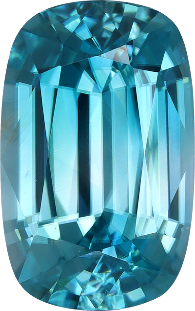 Cushion cut blue zircon, 12.28 by 7.7 mm, shown at actual size