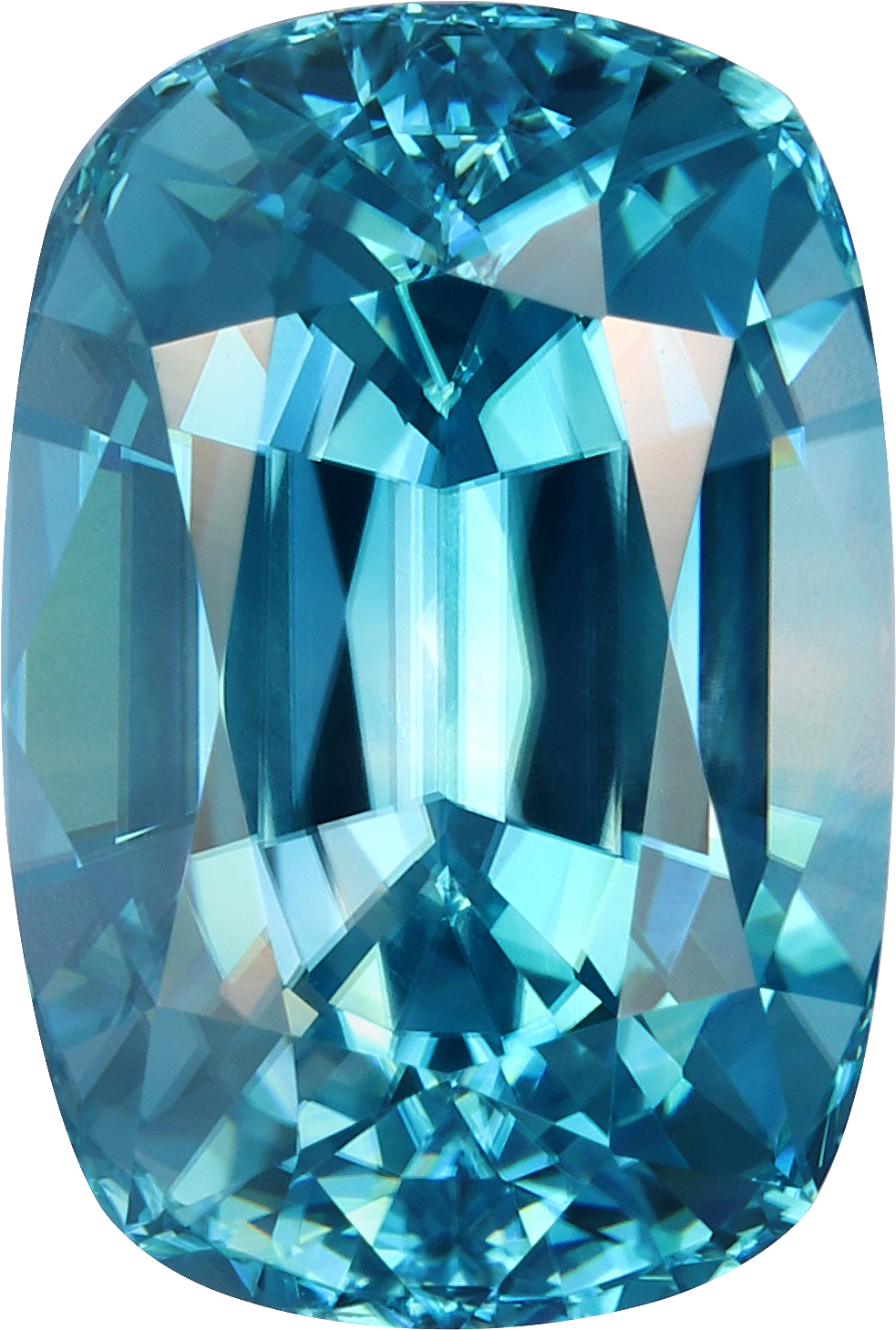 Cushion cut blue zircon, 11.18 by 7.57 mm, shown at actual size