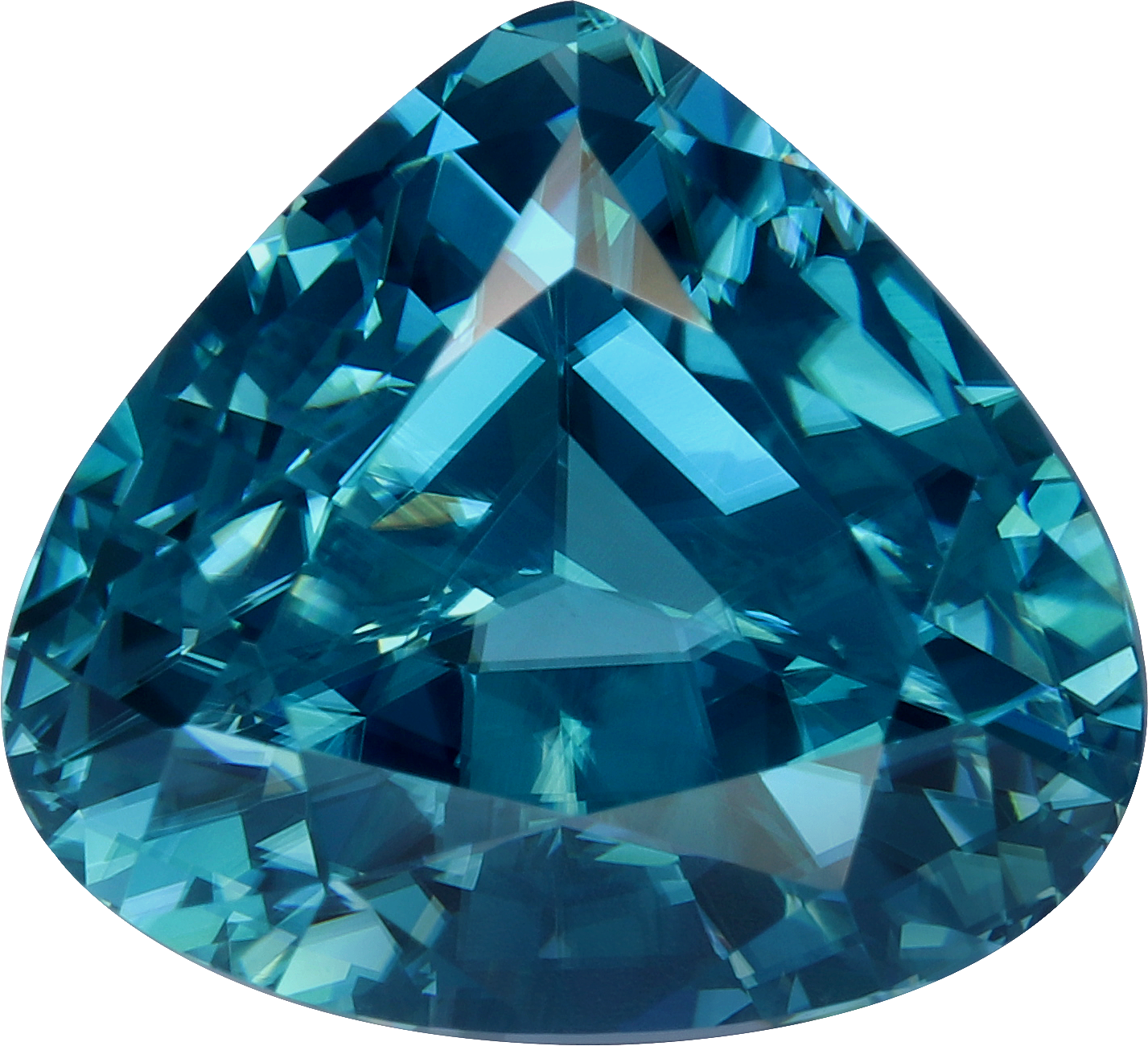 Pear cut blue zircon, 9.88 by 10.89 mm, shown at actual size