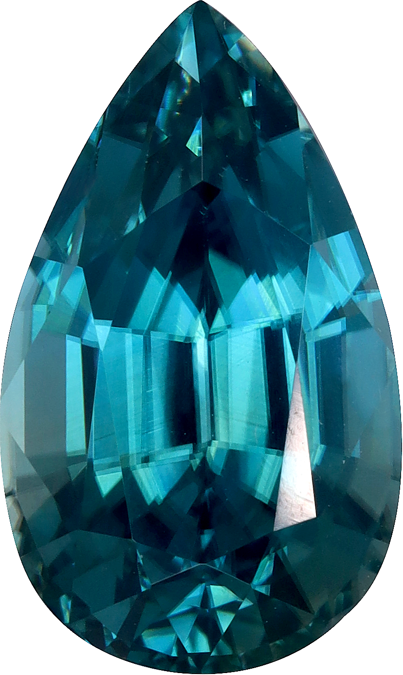 Pear cut blue zircon, 12.72 by 7.64 mm, shown at actual size