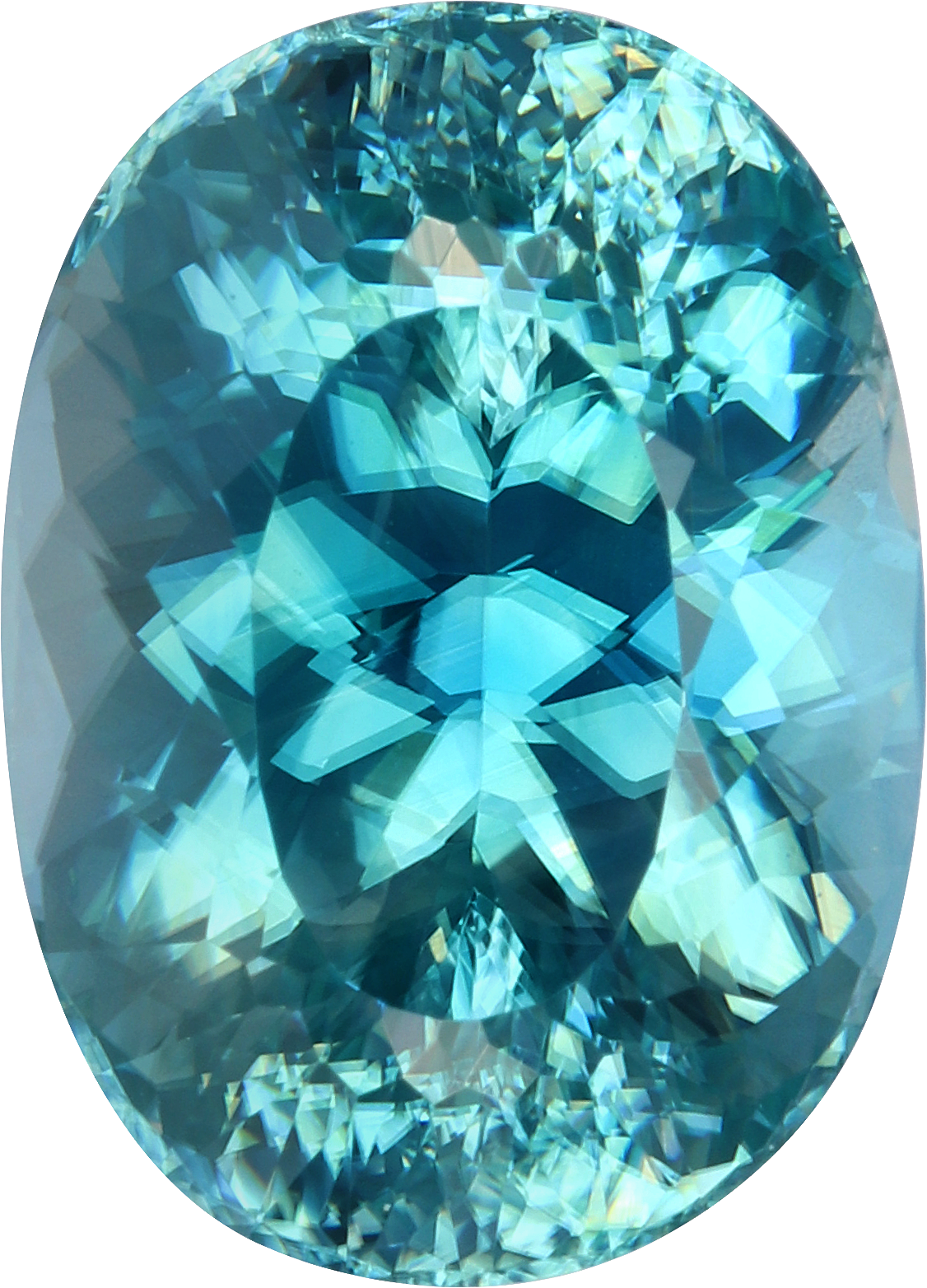 Oval cut blue zircon, 10.74 by 7.77 mm, shown at actual size