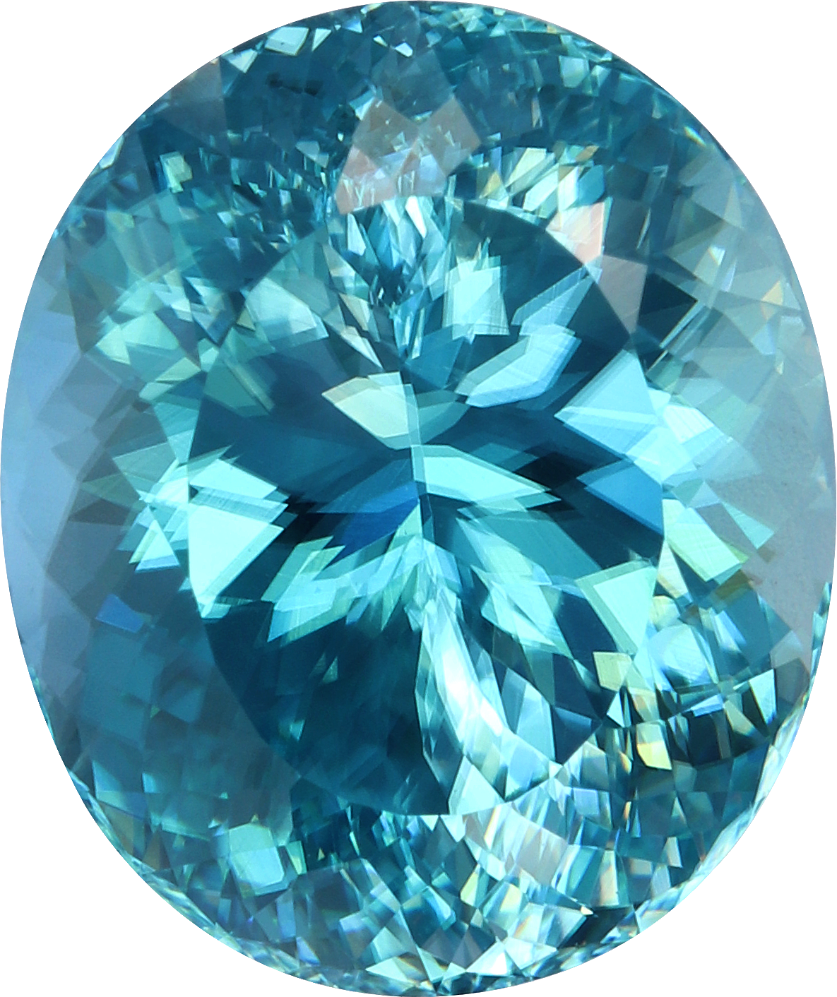 Oval cut blue zircon, 11.05 by 9.14 mm, shown at actual size