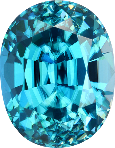 Oval cut blue zircon, 10.77 by 8.45 mm, shown at actual size