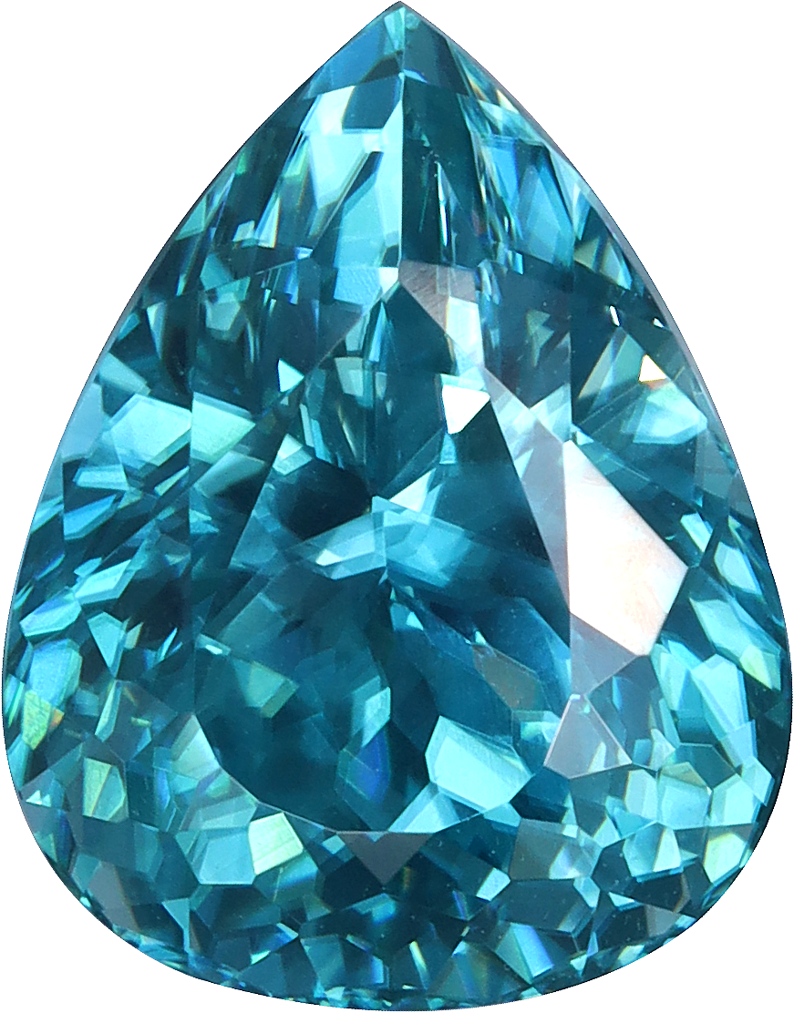 Pear cut blue zircon, 11.1 by 8.67 mm, shown at actual size