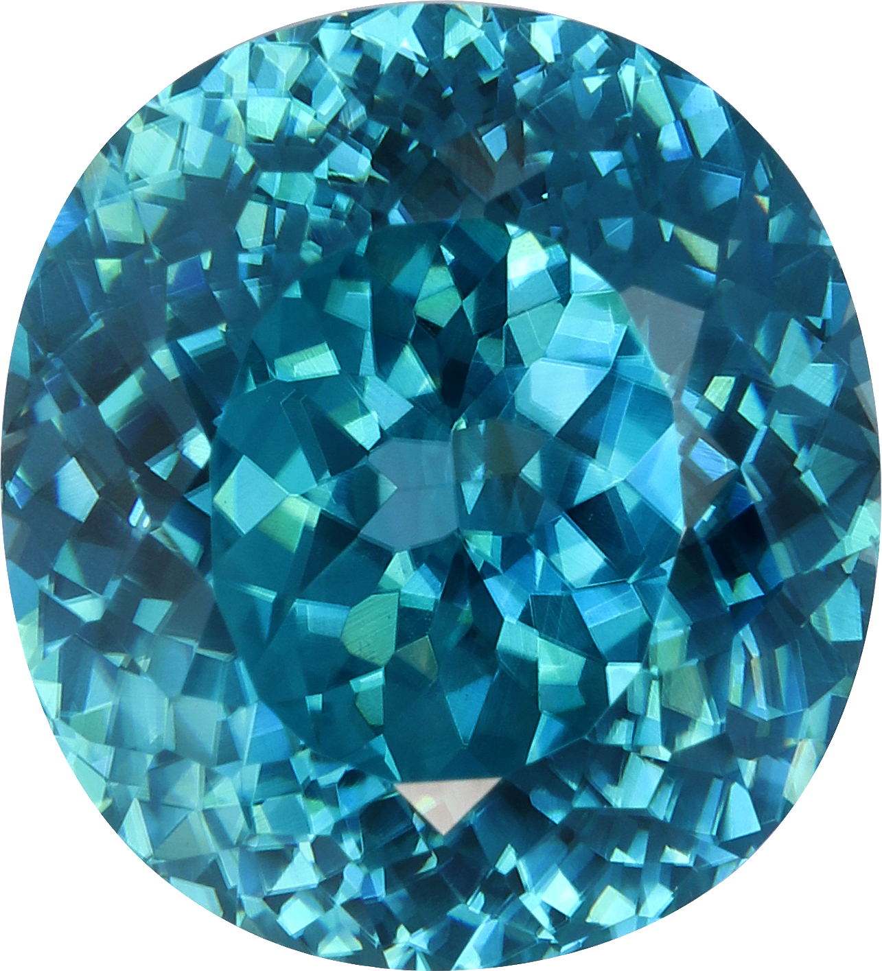 Oval cut blue zircon, 10.92 by 9.93 mm, shown at actual size