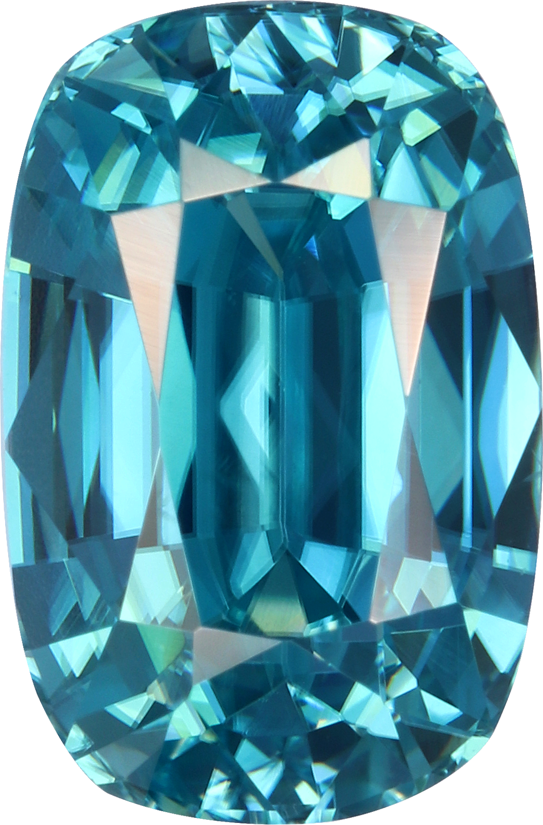Cushion cut blue zircon, 9.92 by 6.59 mm, shown at actual size
