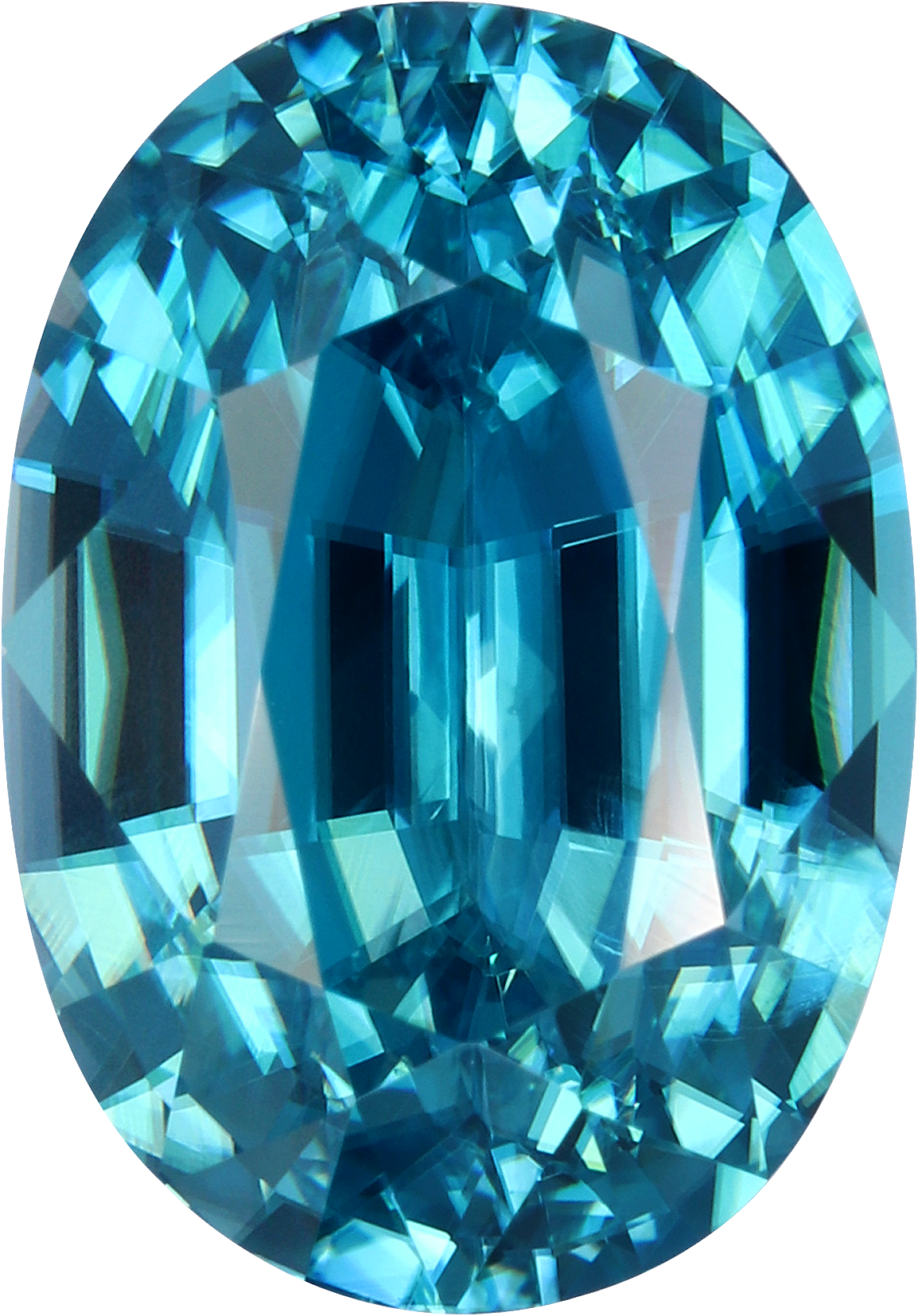 Oval cut blue zircon, 10.7 by 7.51 mm, shown at actual size