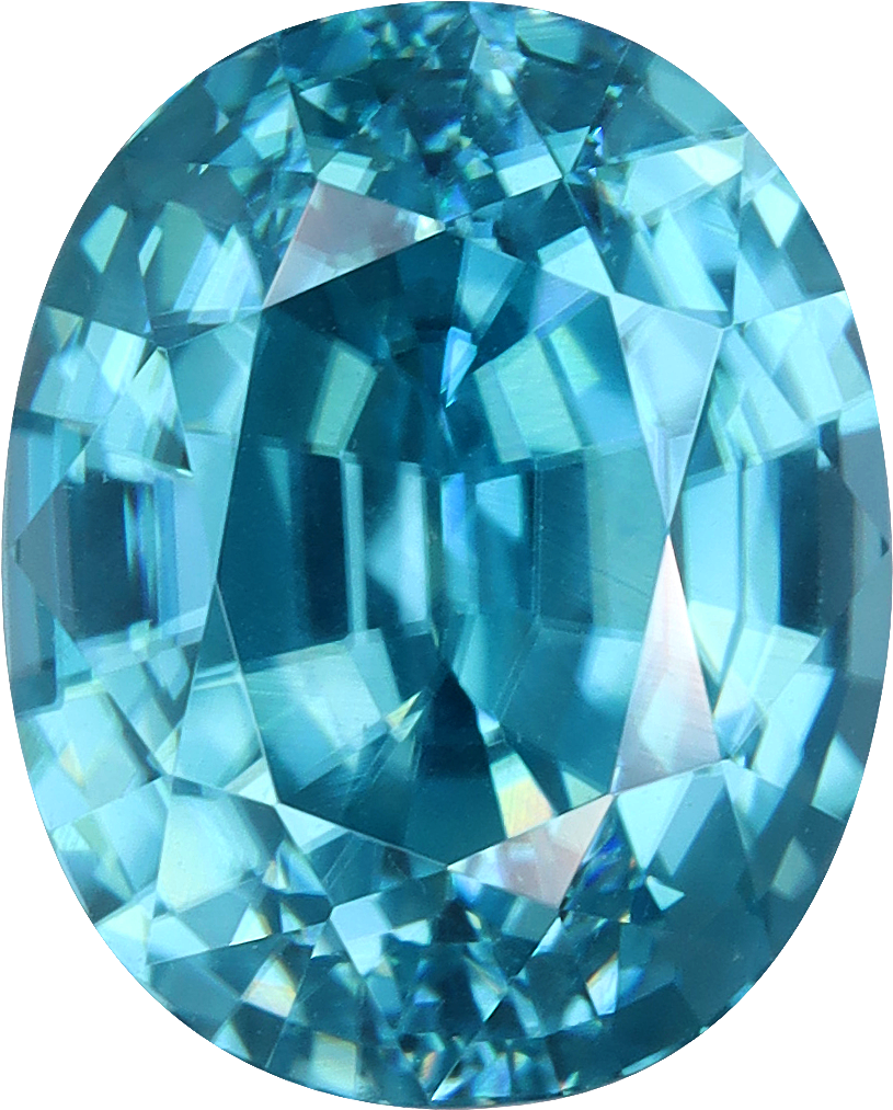 Oval cut blue zircon, 9.49 by 7.63 mm, shown at actual size