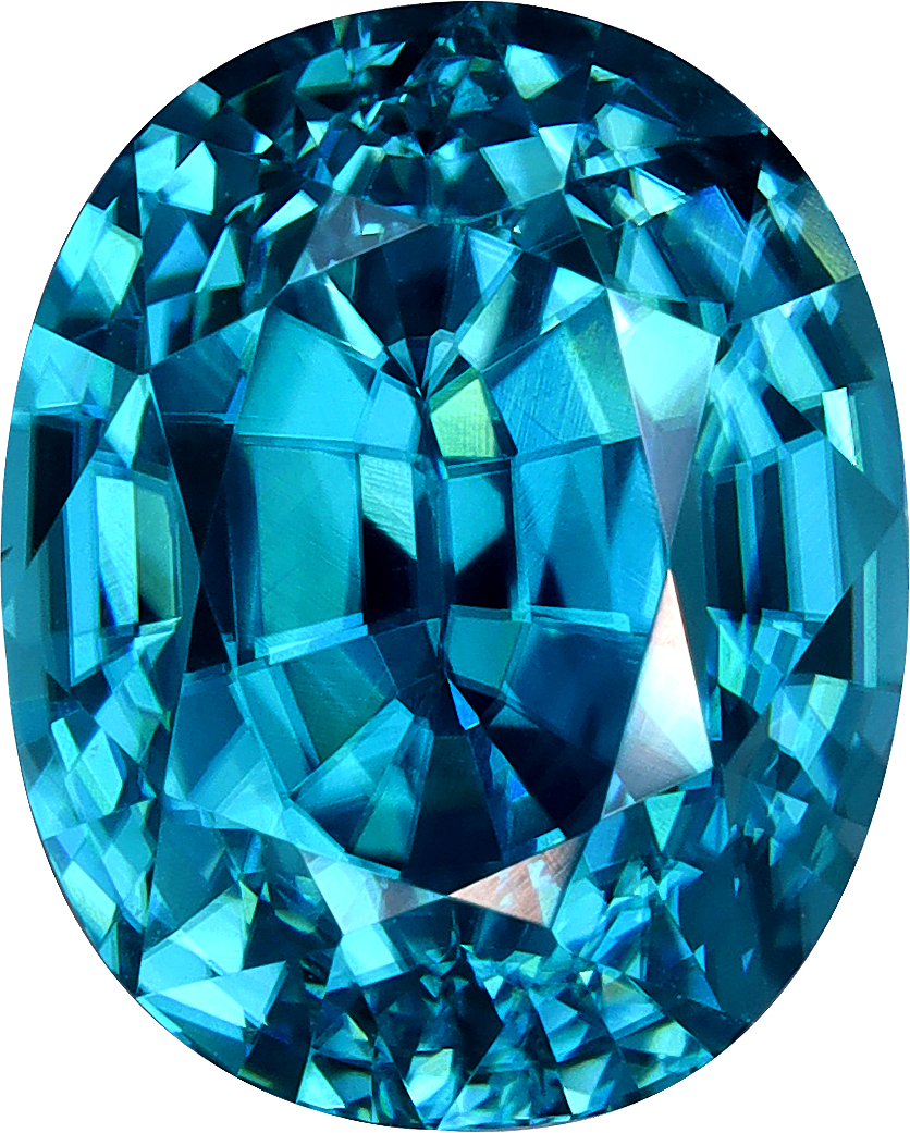Oval cut blue zircon, 9.64 by 7.76 mm, shown at actual size