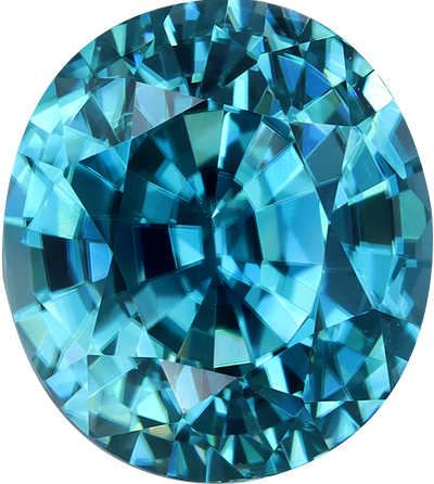 Oval cut blue zircon, 8.77 by 7.84 mm, shown at actual size