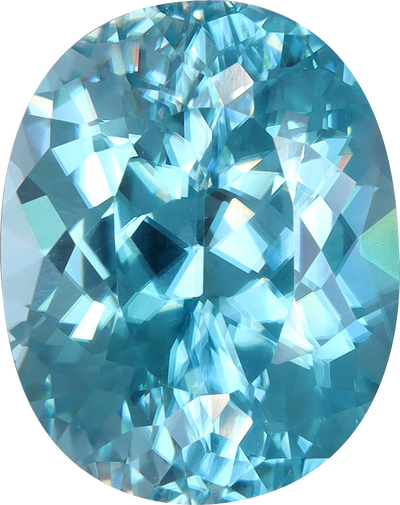 Oval cut blue zircon, 10.58 by 8.33 mm, shown at actual size