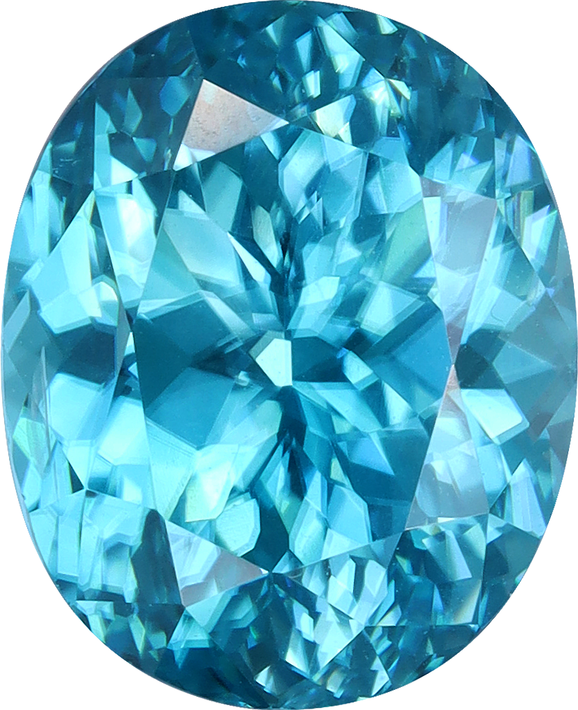 Oval cut blue zircon, 9.46 by 7.75 mm, shown at actual size