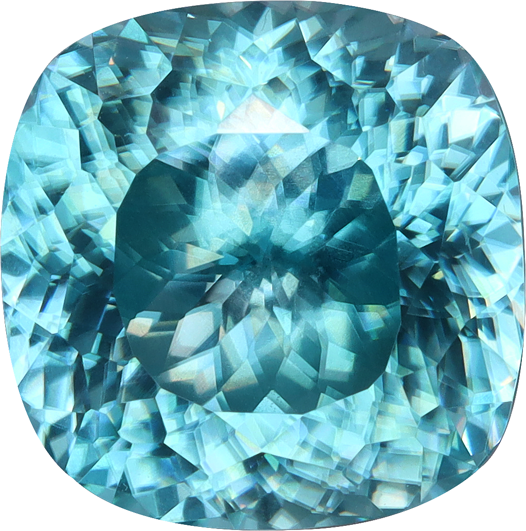 Cushion cut blue zircon, 9.74 by 9.67 mm, shown at actual size