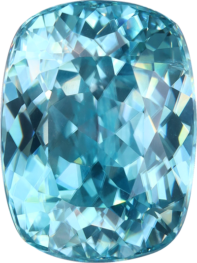 Cushion cut blue zircon, 11.51 by 8.7 mm, shown at actual size
