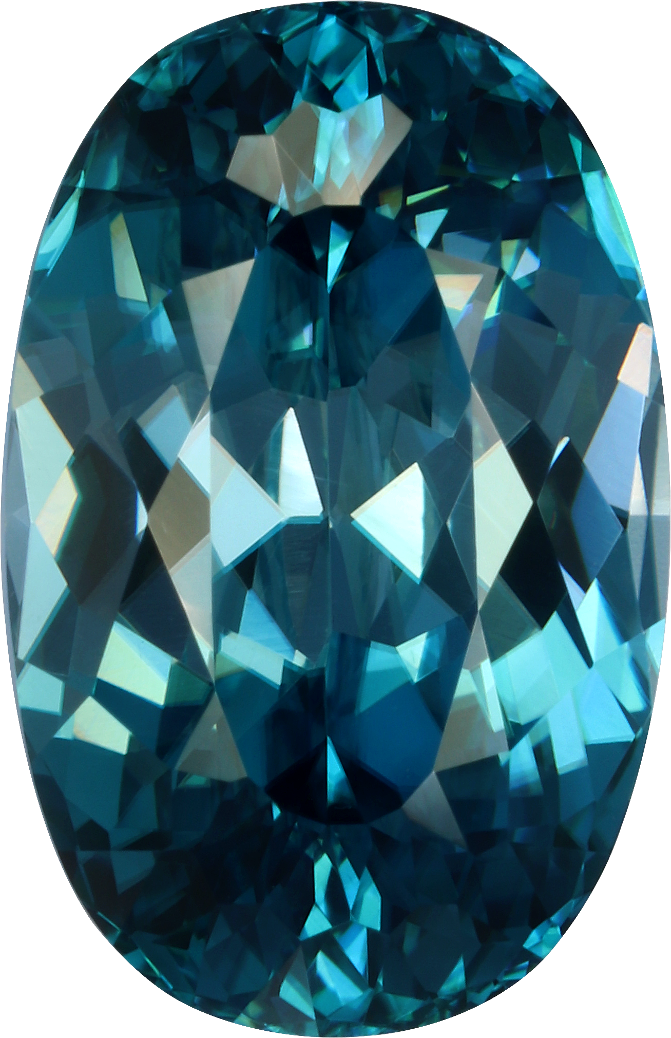 Oval cut blue zircon, 12.65 by 8.16 mm, shown at actual size