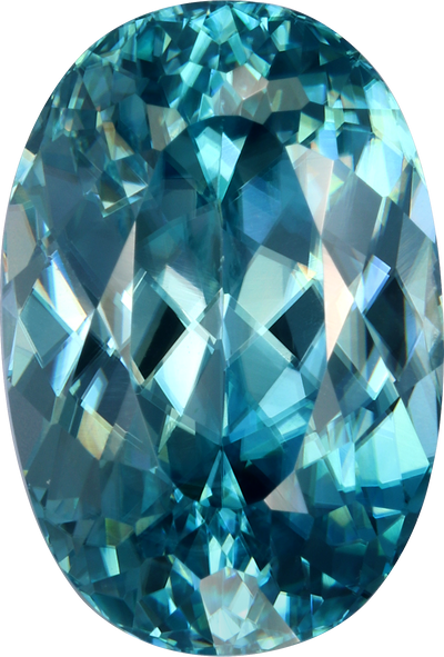 Oval cut blue zircon, 11.68 by 7.88 mm, shown at actual size